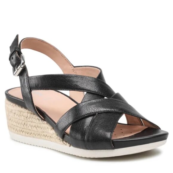 NWT Geox Ischia Corda C Sandals Sz 36 Black Italian Leather Jute Wedge Open Toe - Picture 1 of 13